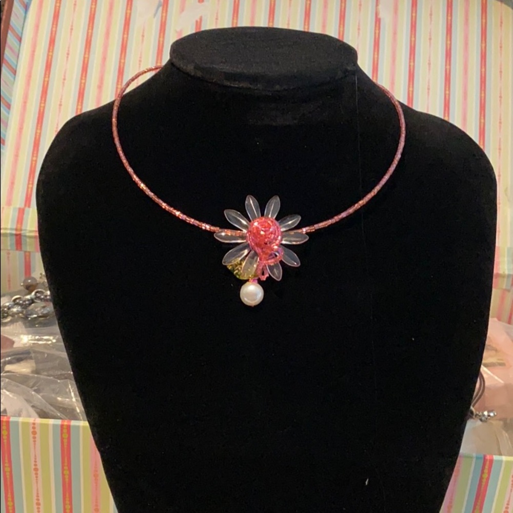 Hand beaded pink floral necklace from Europe